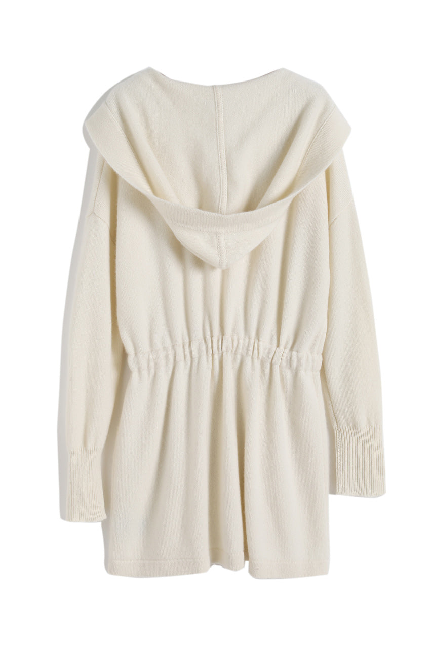 The posterior view of the cashmere hooded cardigan