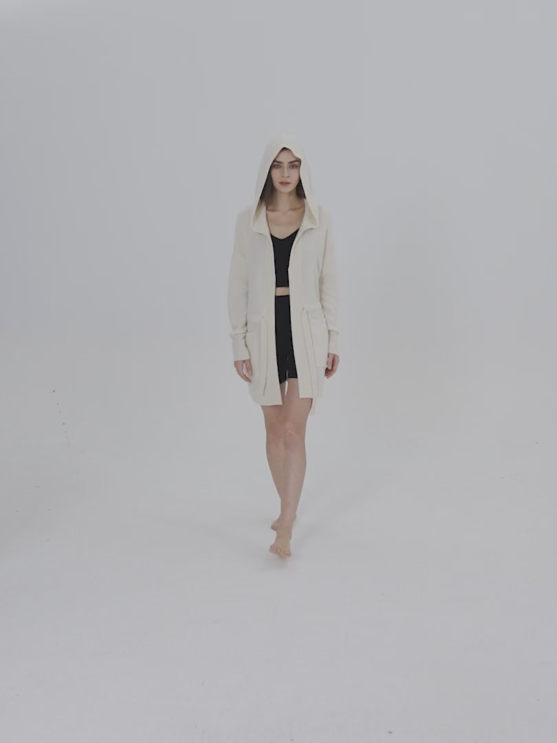 Pearl White Cashmere Hooded Cardigan is made of 100% fine cashmere